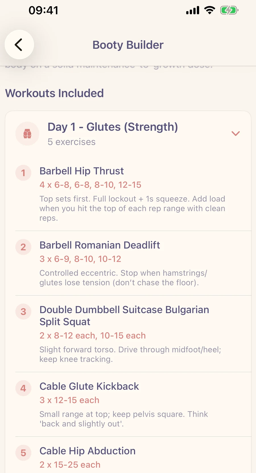 Cute Lifts Booty Builder program showing Day 1 and its five glute exercises